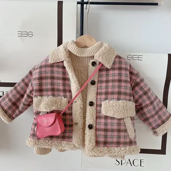 Элегантное пальто в клетку для девочек, Новая модная зимняя одежда для девочек, детская флисовая одежда в стиле пэчворк, милая детская одежда в корейском стиле