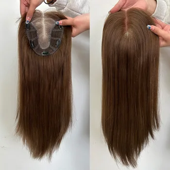№ 4 Европейские натуральные волосы, прямые, без слоев, дышащие кружевные топперы для волос спереди, заколки для наращивания волос для женщин