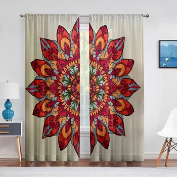 Тюлевые шторы с цветущими красными цветами в виде мандалы для гостиной, спальни, кухни, Прозрачная занавеска из цветочной вуали, декор окон, шторы